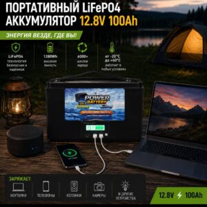 Аккумулятор литий-железо-фосфатный LiFePO4 с USB, USB-C 12 вольт 100 ампер-часов